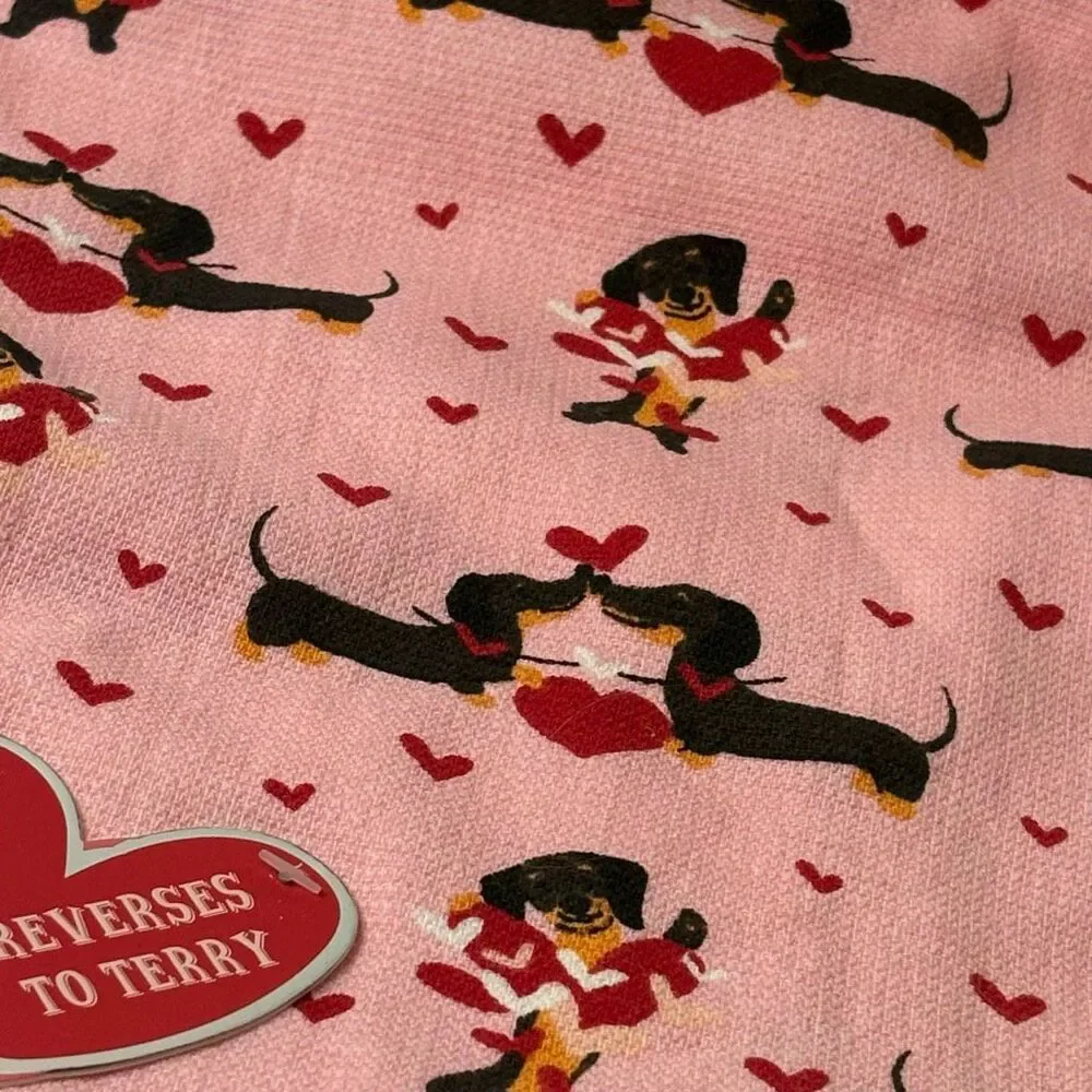 Luxe Pink Dachshund Heart Kitchen Towels 2 Pack 100 Cotton Reversible Terry NEW